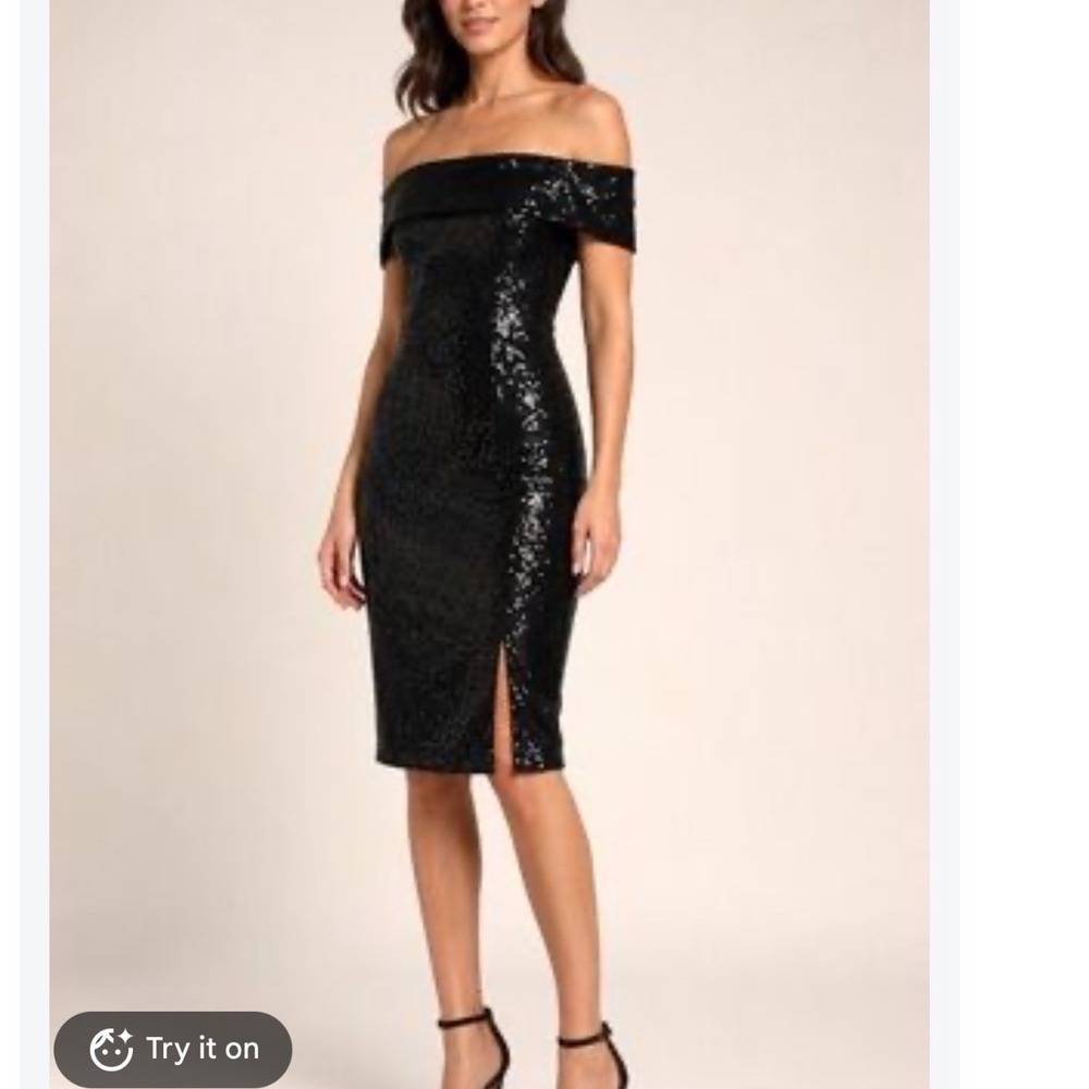 $695 Rene Ruiz Collection Black Sequin Off the Shoulder Midi Cocktail Dress  4